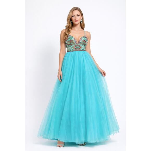 Sherri Hill Dresses & Skirts - Sheri Hill Aqua Gown Womens Size 4 Beaded Long Prom Dress Pageant Tulle Evening